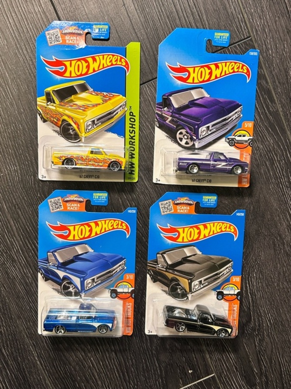 Hot Wheels '67 Chevy C10 Lot of 4 black, purple, yellow flames, blue